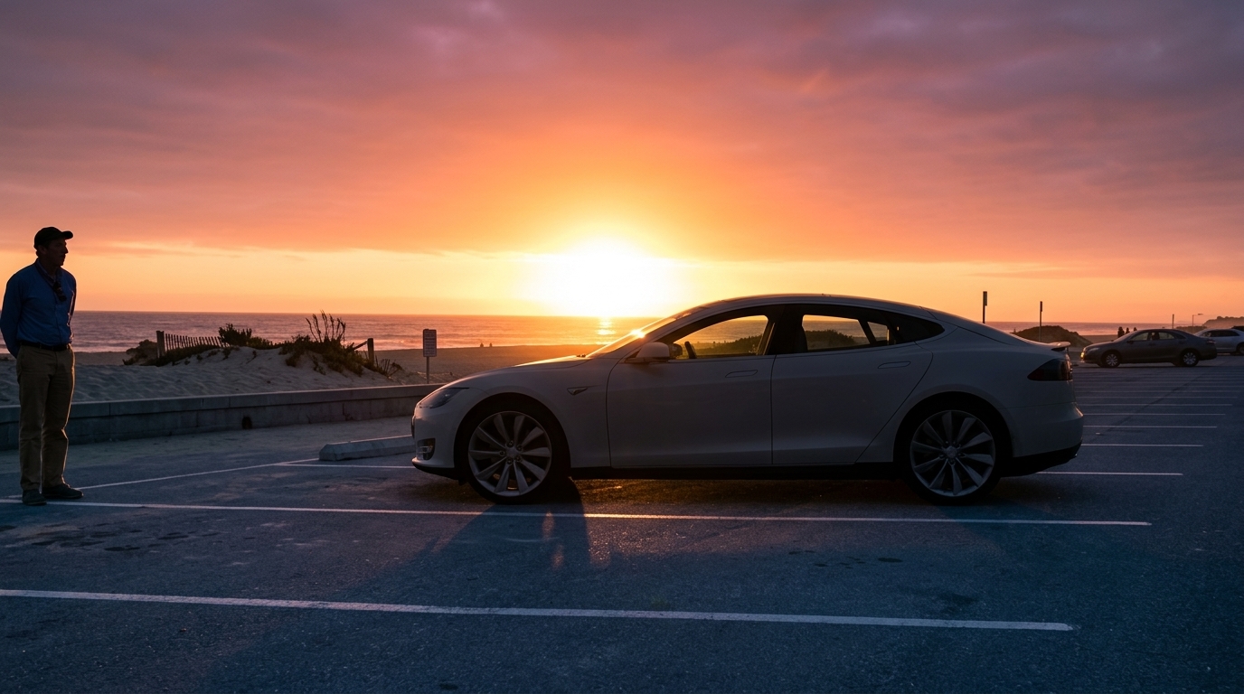 Man looking at a white Tesla Model S parked at the beach at sunset